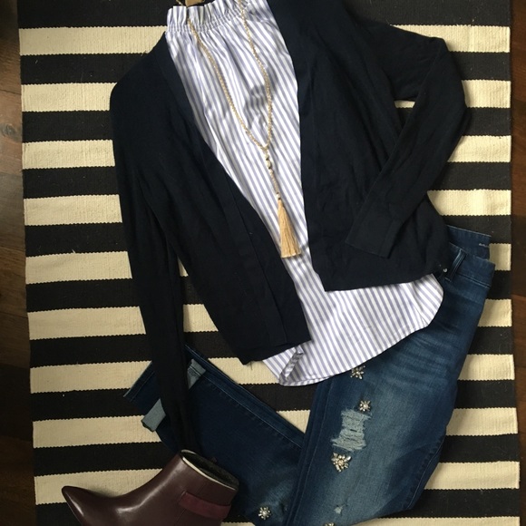 NWT Banana Republic blue stripe ruffle neck top - Picture 3 of 7